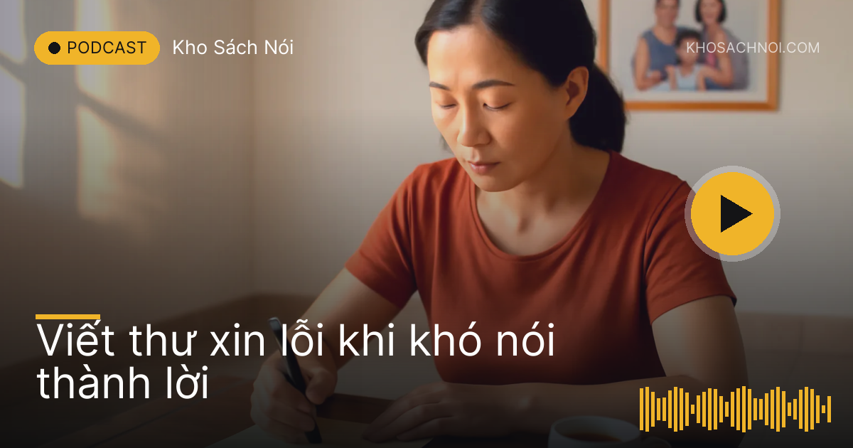 Người phụ nữ ngồi bàn thấp viết thư, cốc trà nguội bên cạnh