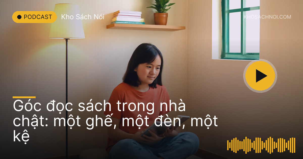 Góc phòng trọ nhỏ có đèn đứng, đệm ngồi và kệ sách treo tường