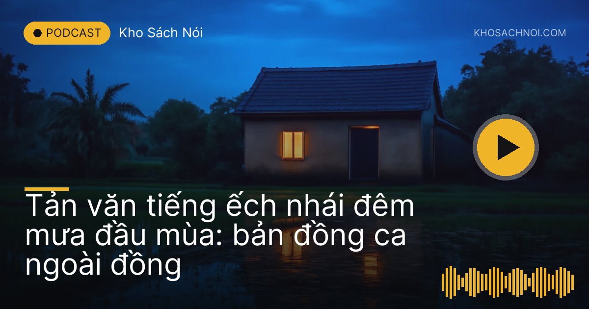 Ngôi nhà quê ban đêm sau mưa, cửa sổ sáng đèn, ruộng ướt phía trước