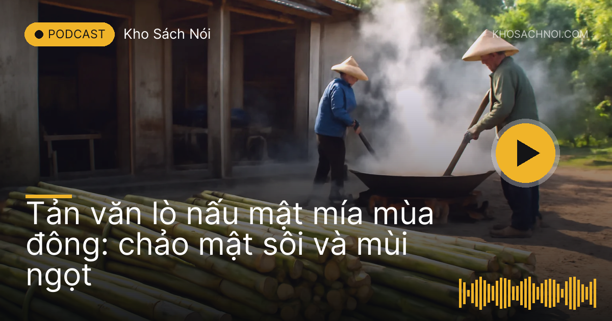 Bó mía chất cạnh lò nấu mật ở làng quê, hơi nước bốc trên chảo lớn