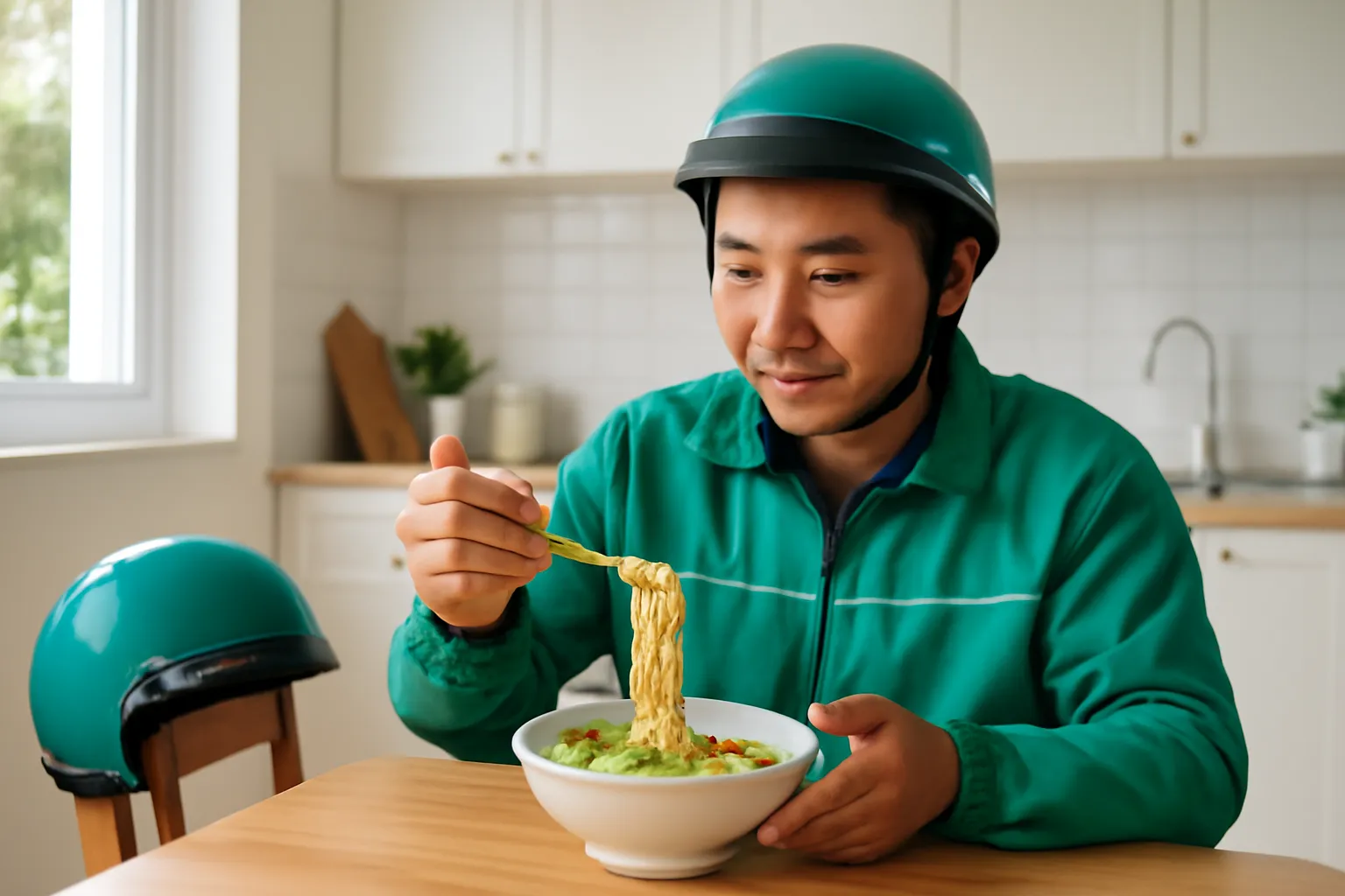 Người tài xế ăn bát mì đơn giản trong gian bếp nhỏ của nhà mình
