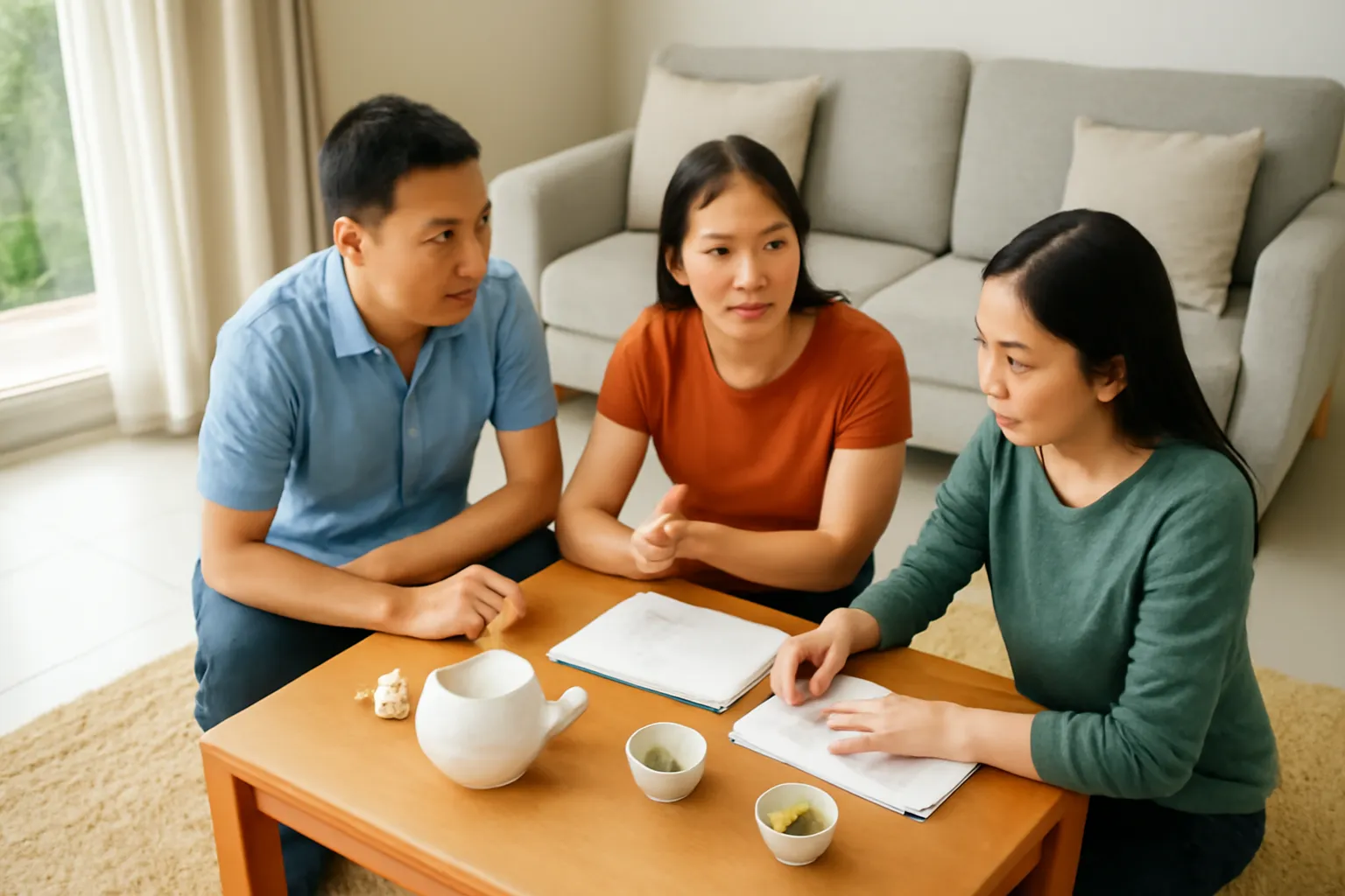 Ba anh chị em ngồi quanh bàn nước trong nhà bàn chuyện chăm bố mẹ