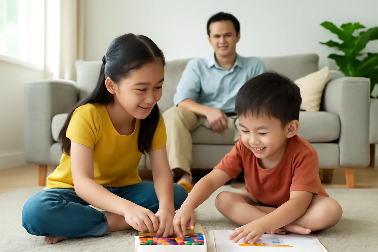 Hai chị em nhỏ ngồi trên sàn phòng khách cùng chia nhau một hộp bút màu