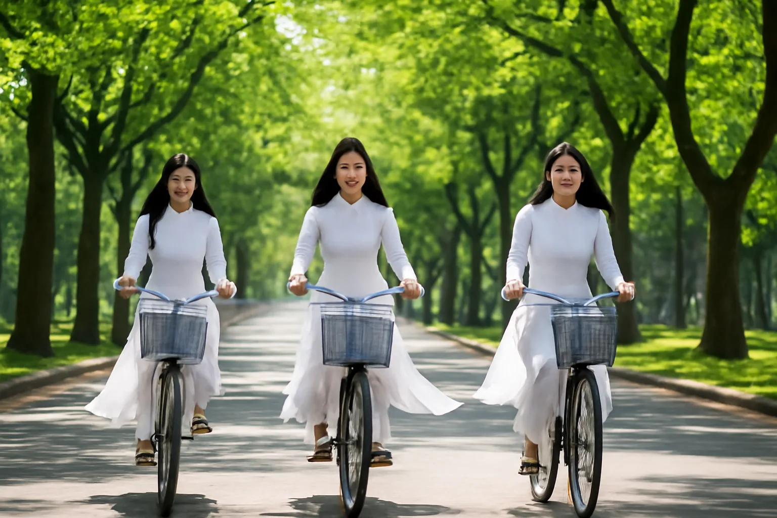 Ba thiếu nữ mặc áo dài trắng đạp xe trên con đường hàng cây xanh buổi sáng