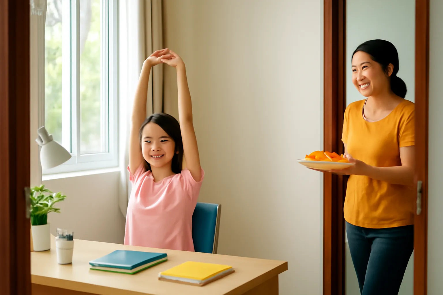 Cô học sinh vươn vai bên bàn học, mẹ mang đĩa trái cây vào phòng