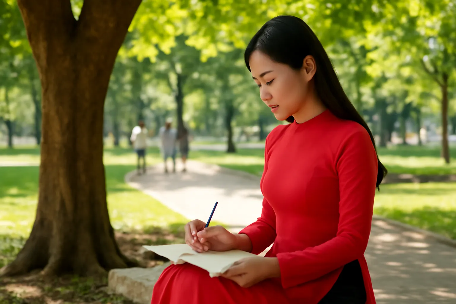 Cô gái trẻ ngồi ghế đá công viên viết vào sổ tay dưới tán cây