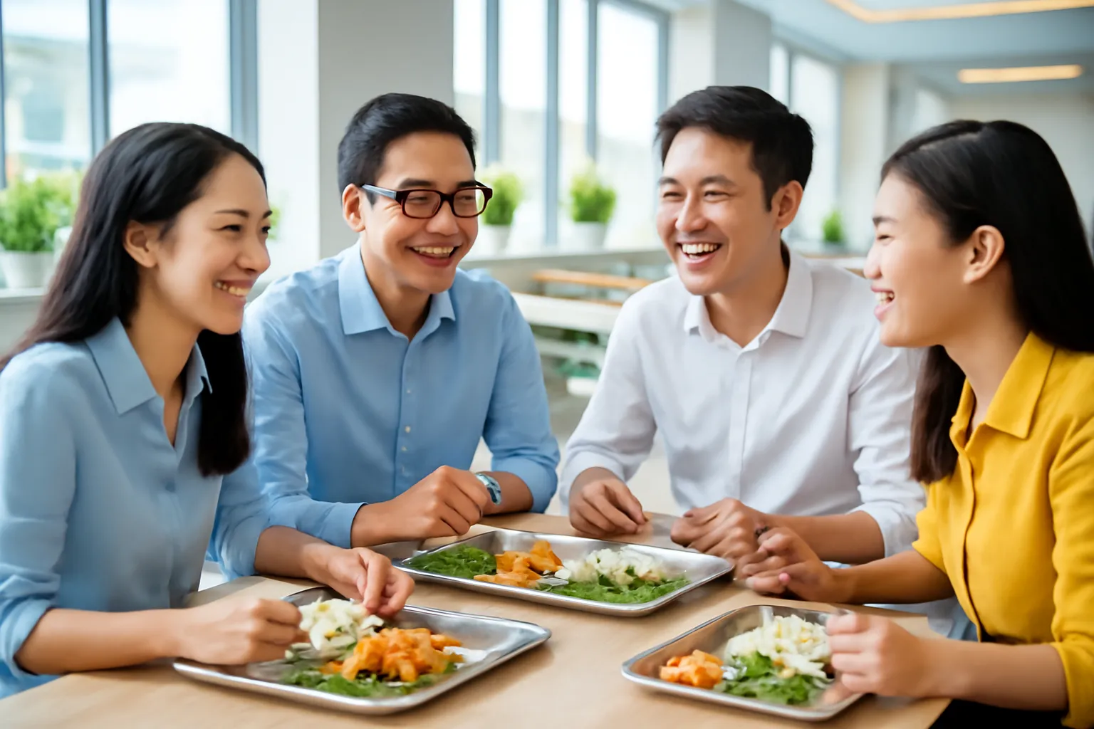 Nhóm đồng nghiệp trẻ ăn trưa cùng nhau ở căng tin công ty, một người mới đang cười nói