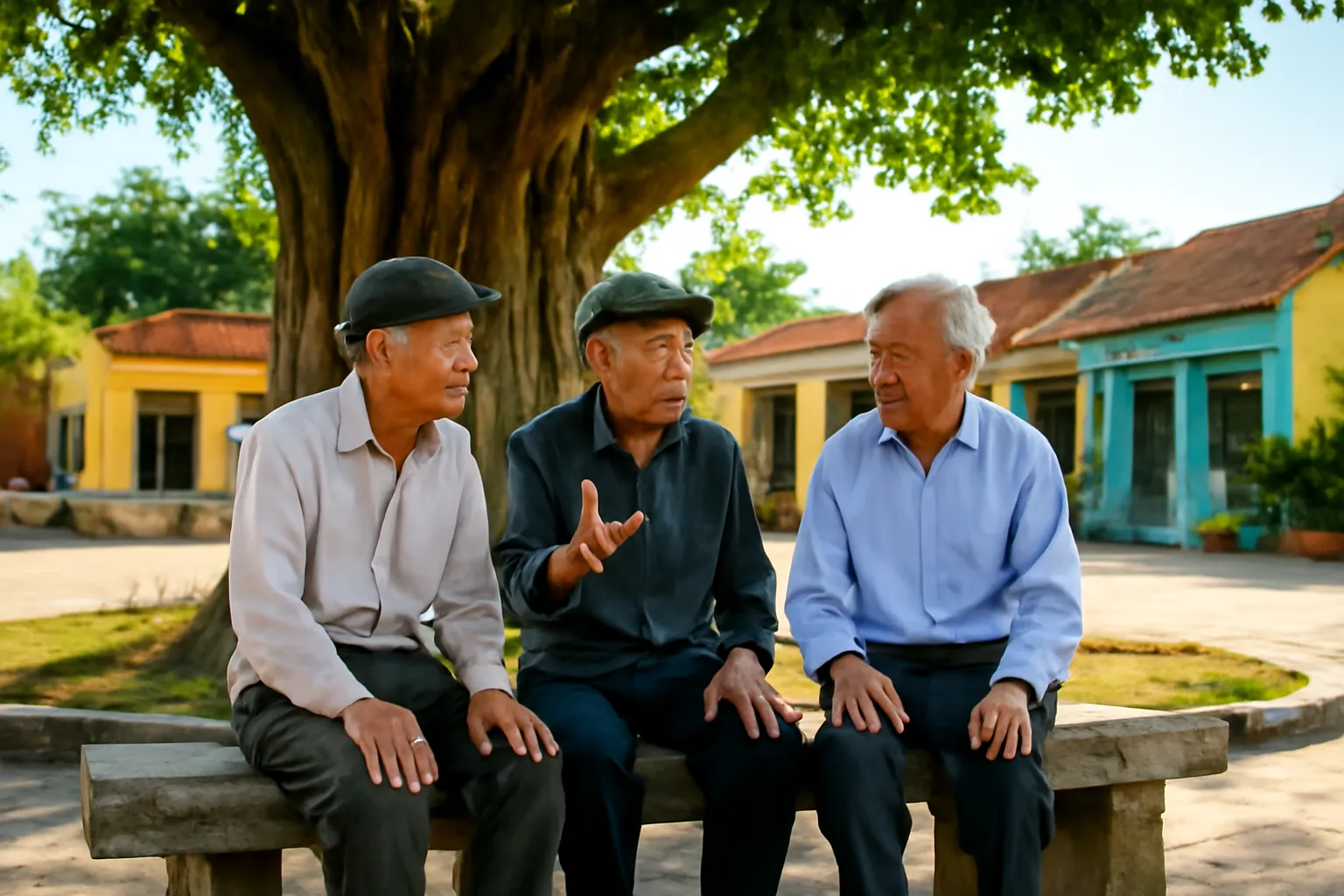 Mấy ông cụ ngồi trò chuyện trên ghế đá dưới gốc cây đa lớn