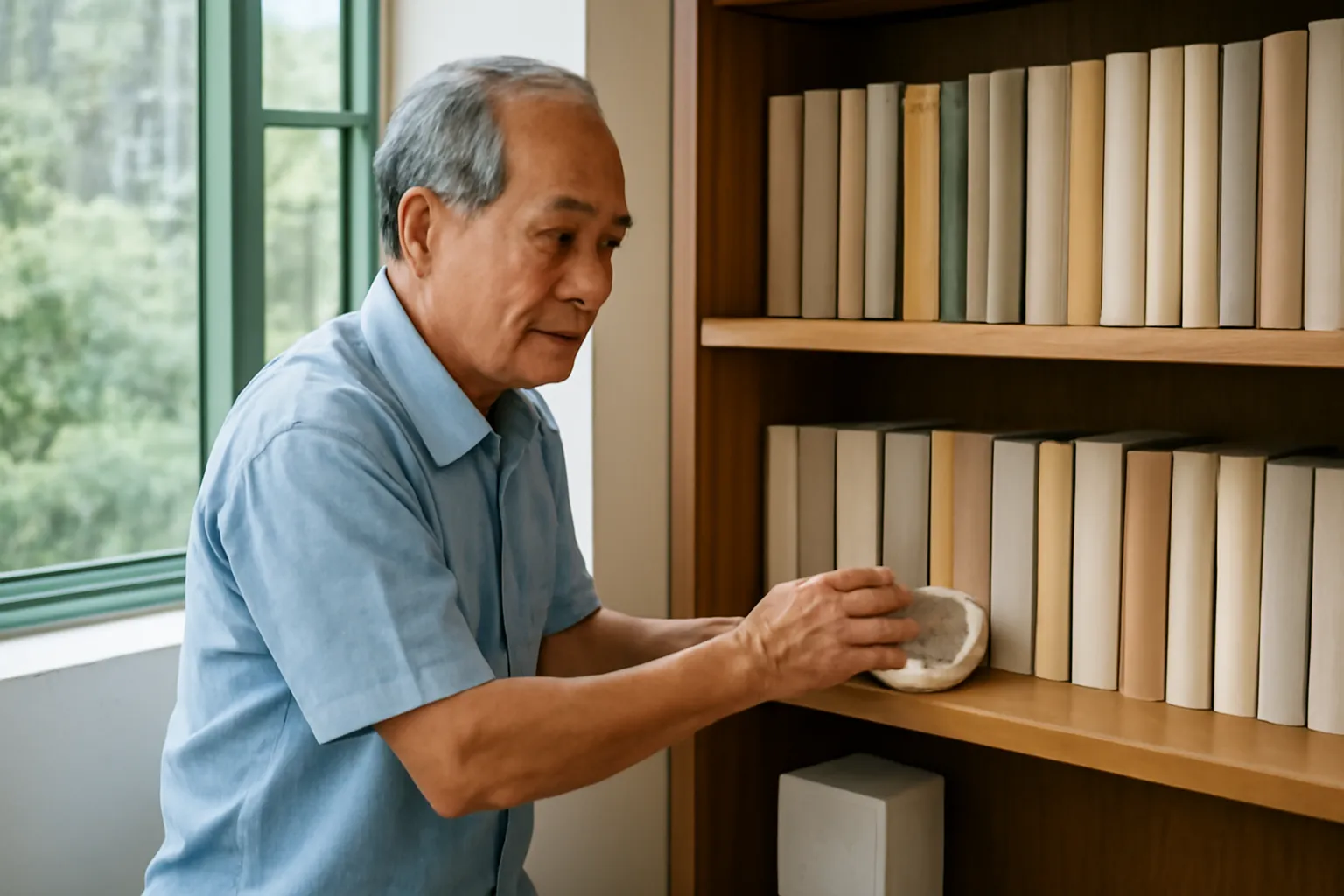 Người đàn ông lớn tuổi lau kệ sách gần cửa sổ mở