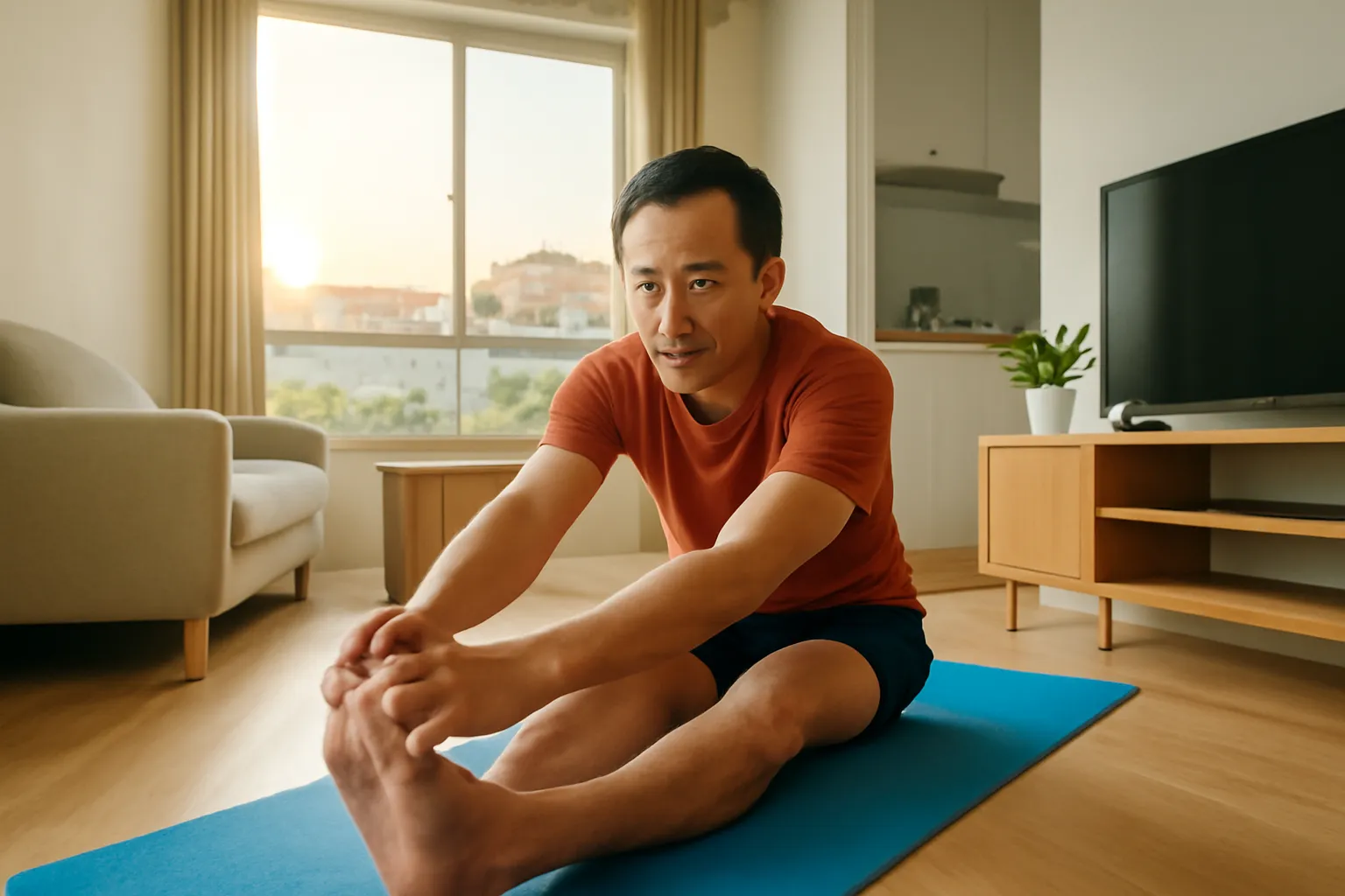 Người đàn ông trung niên tập giãn cơ trên tấm thảm ở phòng khách lúc sáng sớm