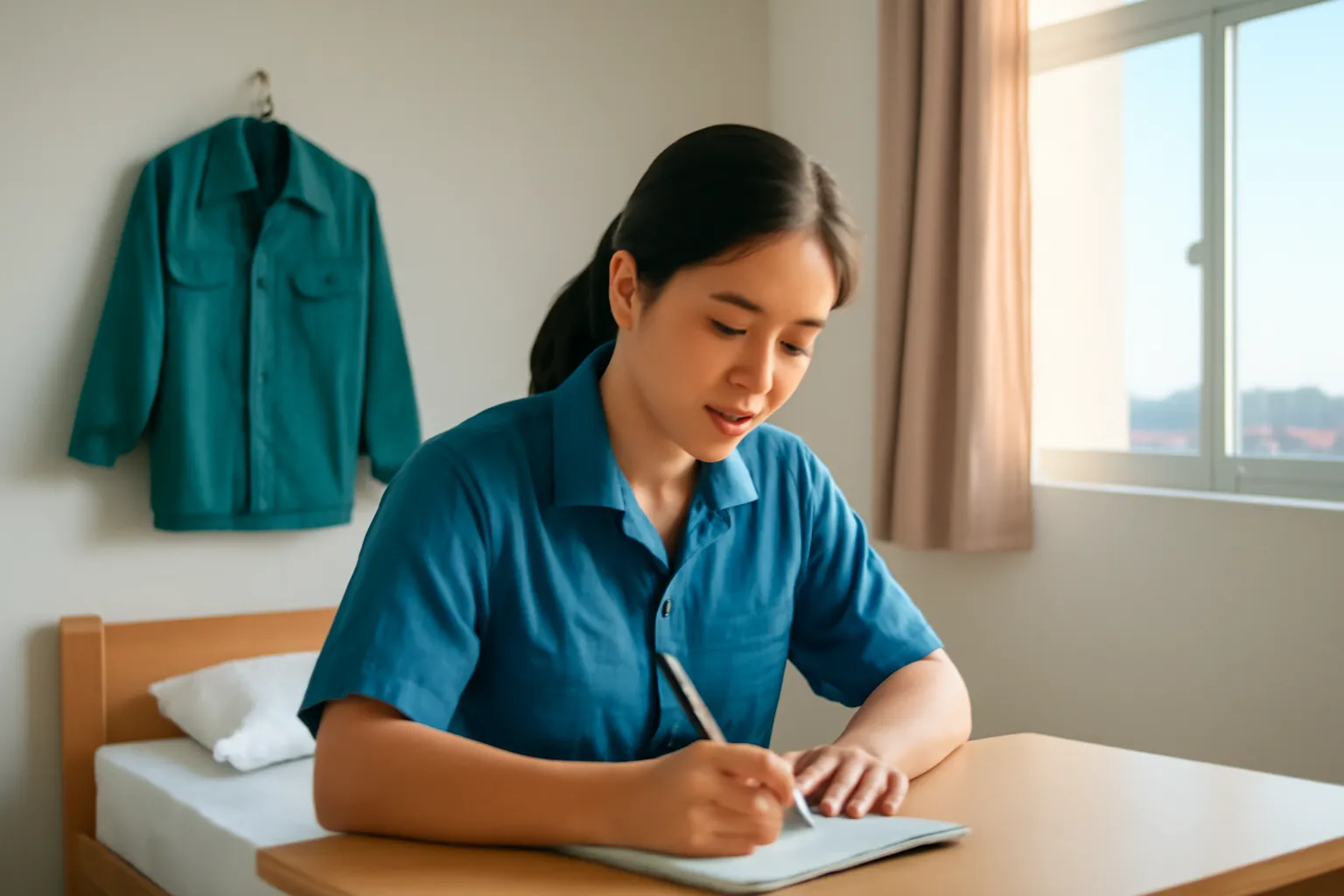 Người phụ nữ ngồi viết sổ ở bàn ký túc xá công nhân lúc bình minh