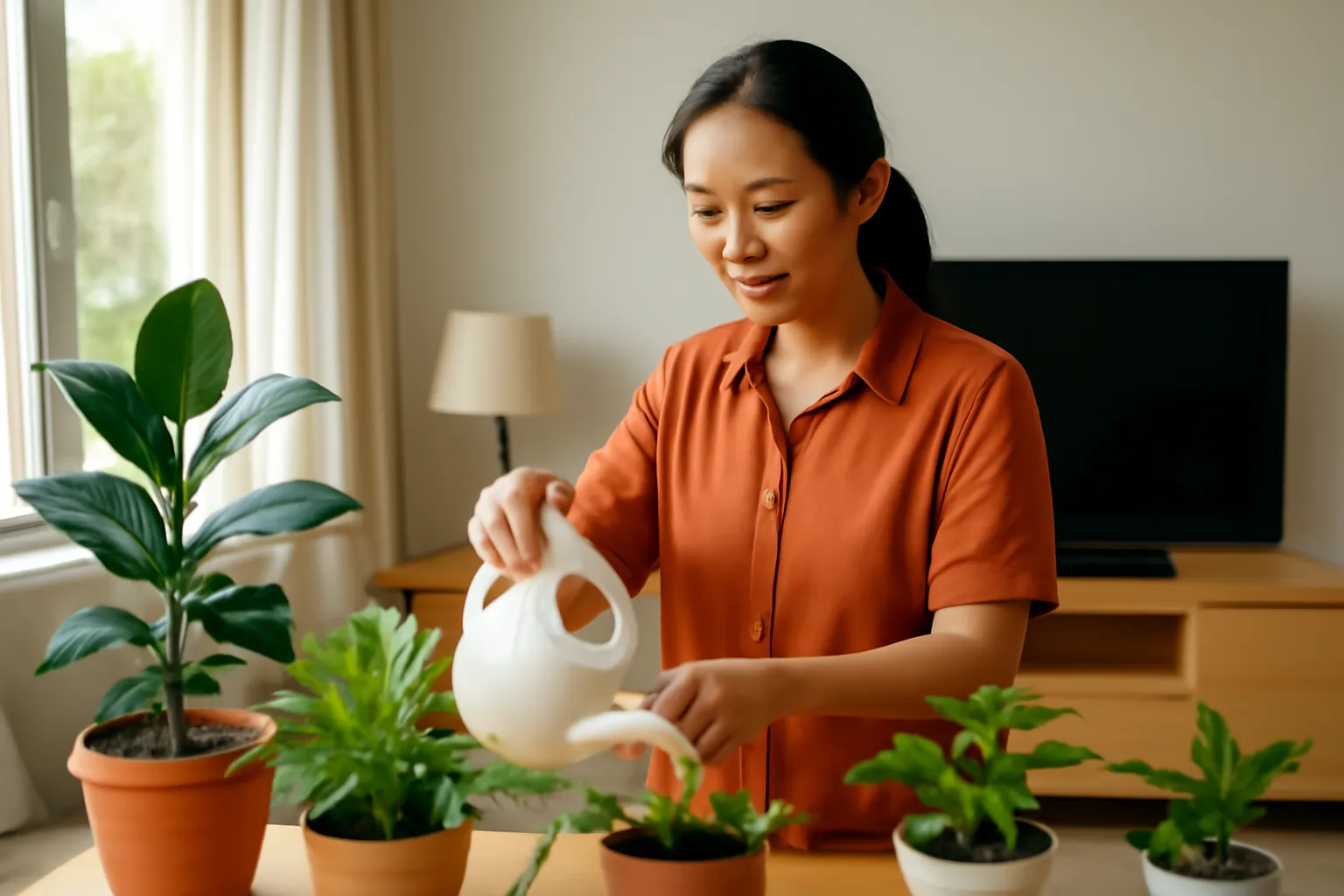 Người phụ nữ tưới cây trong phòng khách yên tĩnh, tivi tắt
