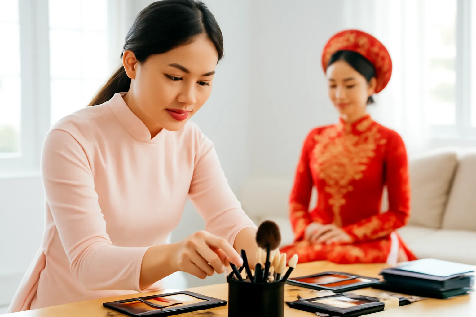 Cô thợ trang điểm trẻ sắp xếp cọ và phấn trước giờ làm việc
