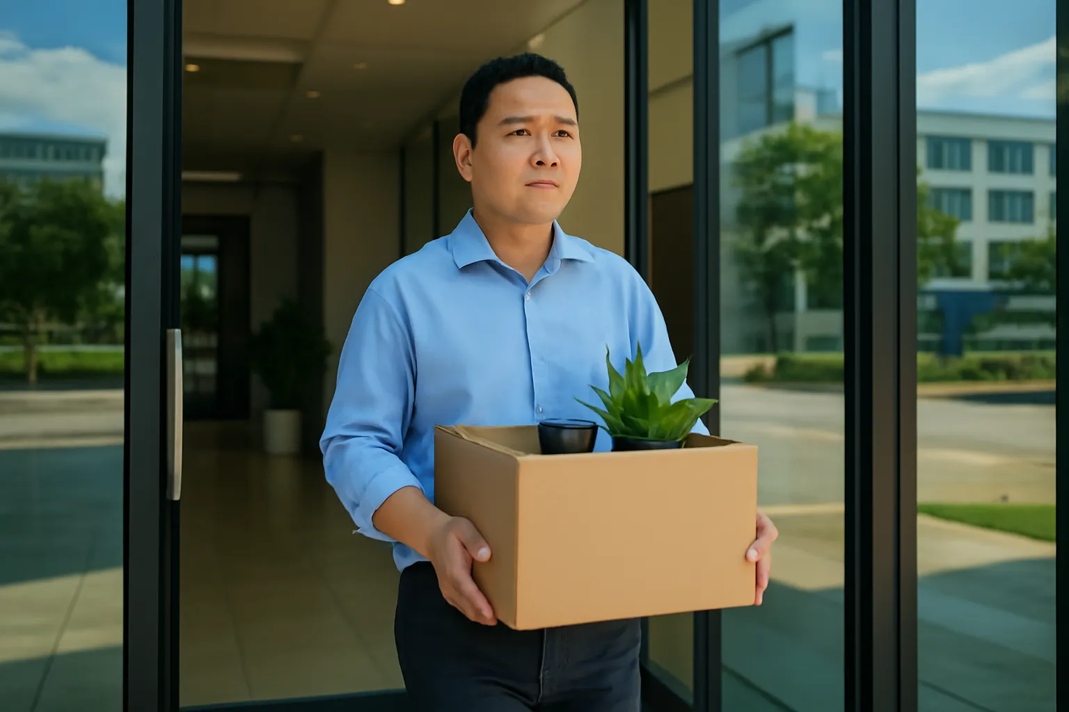 Người đàn ông ôm thùng các tông bước ra sảnh toà nhà văn phòng buổi trưa
