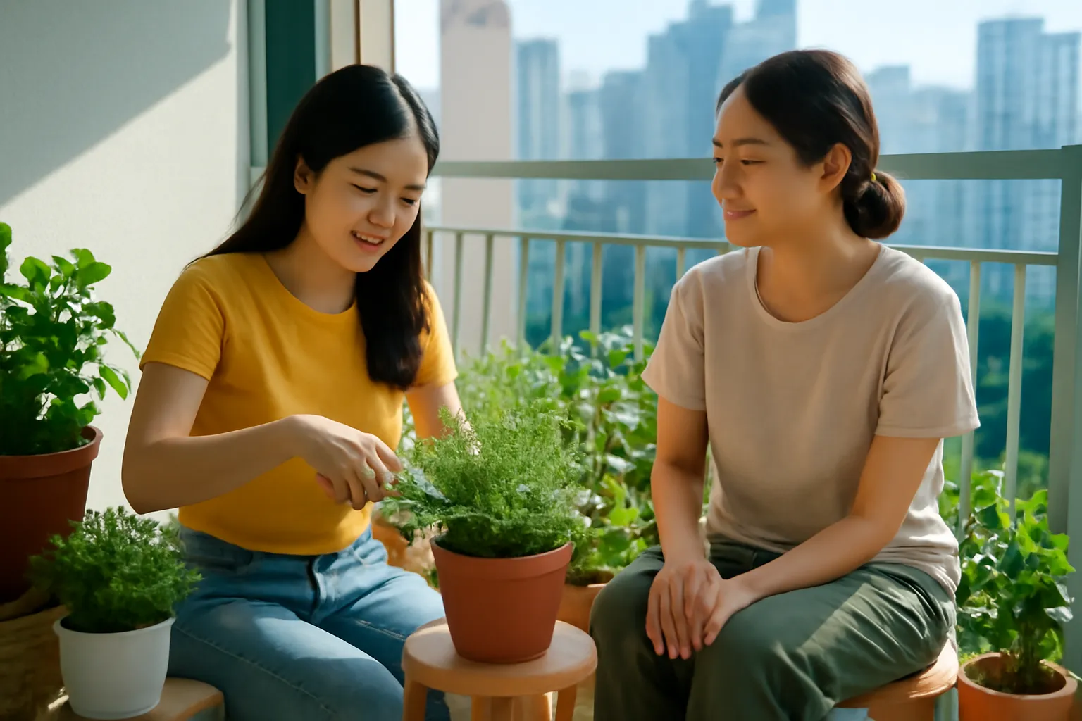 Người phụ nữ tỉa chậu cây trên ban công nắng, bạn thân ngồi bên cạnh trò chuyện