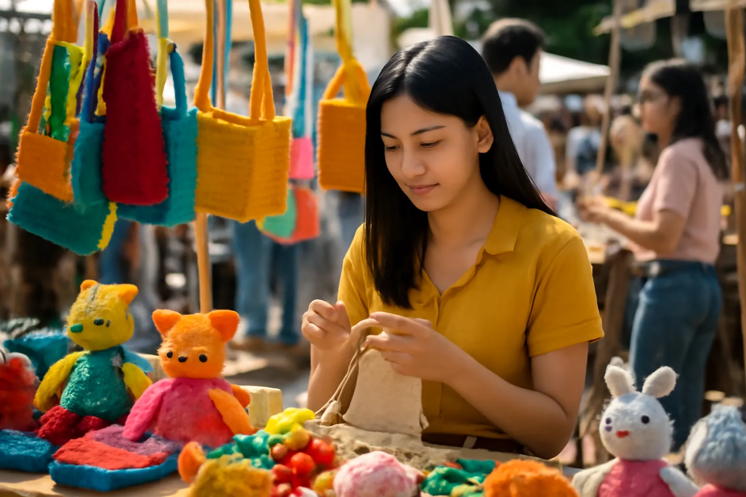 Cô gái trẻ ngồi đan móc len bên gian hàng nhỏ ở hội chợ cuối tuần
