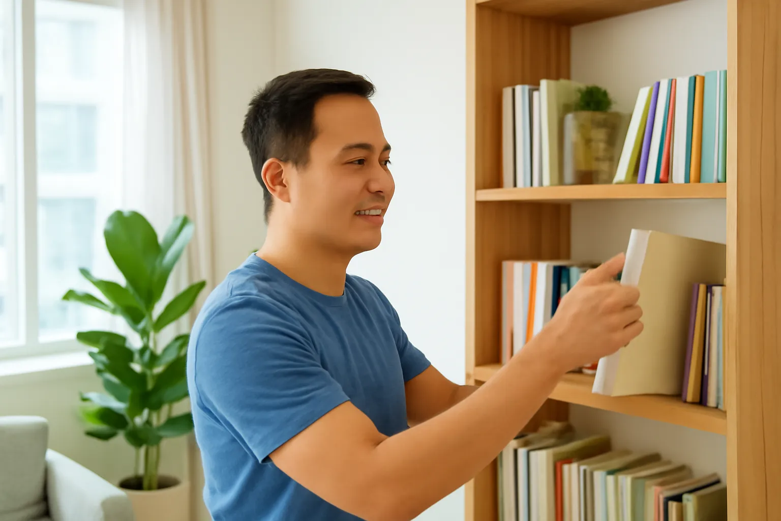 Người đàn ông đặt cuốn sách trở lại kệ trong căn hộ