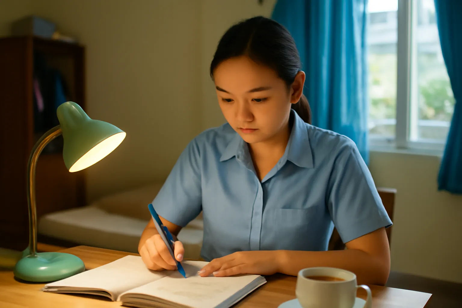 Cô gái trẻ ngồi học bài dưới đèn bàn buổi tối sau ca làm