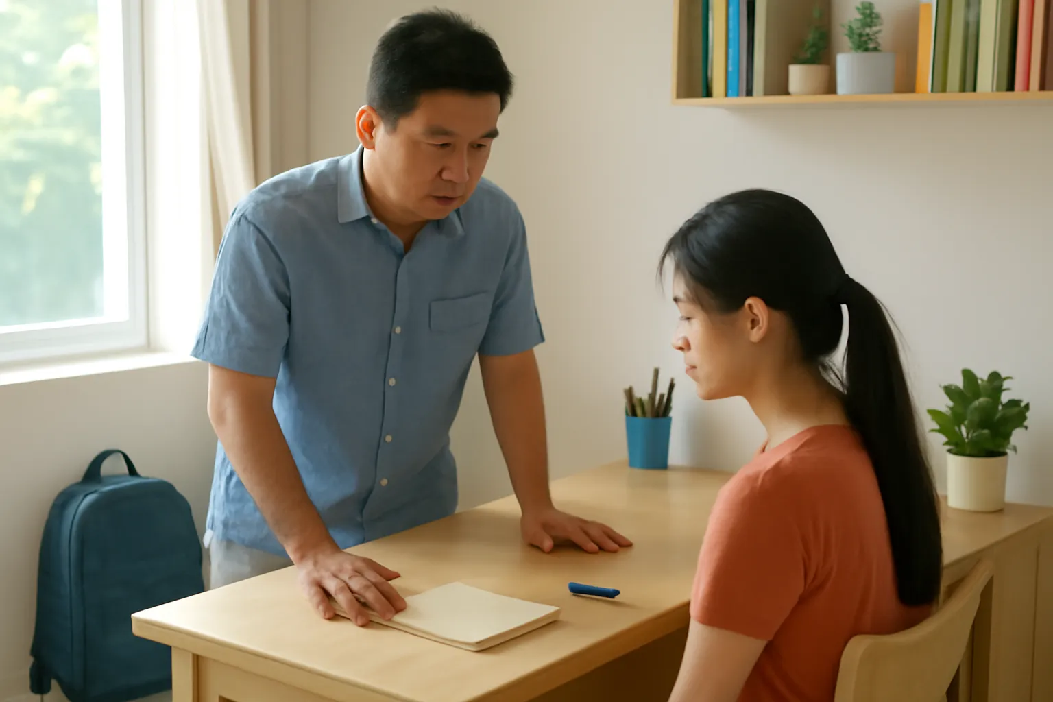 Người bố đứng cạnh bàn học của con, ngập ngừng gần cuốn sổ gấp lại