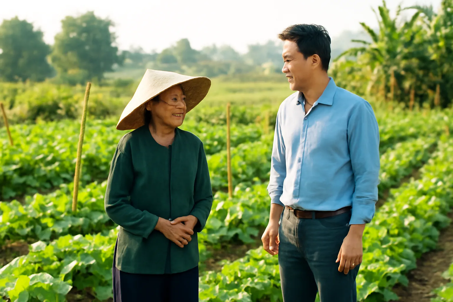 Bà mẹ già đứng trong vườn rau ở quê, người con trai đến thăm đứng cạnh