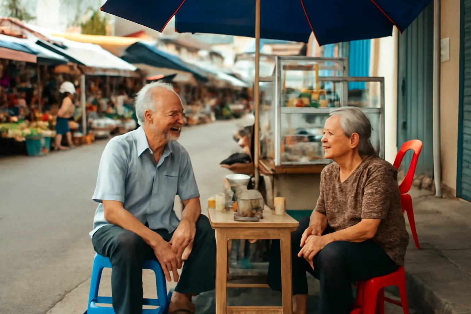 Ông cụ và bà cụ ngồi uống trà trò chuyện ở quán nước ven chợ buổi sáng