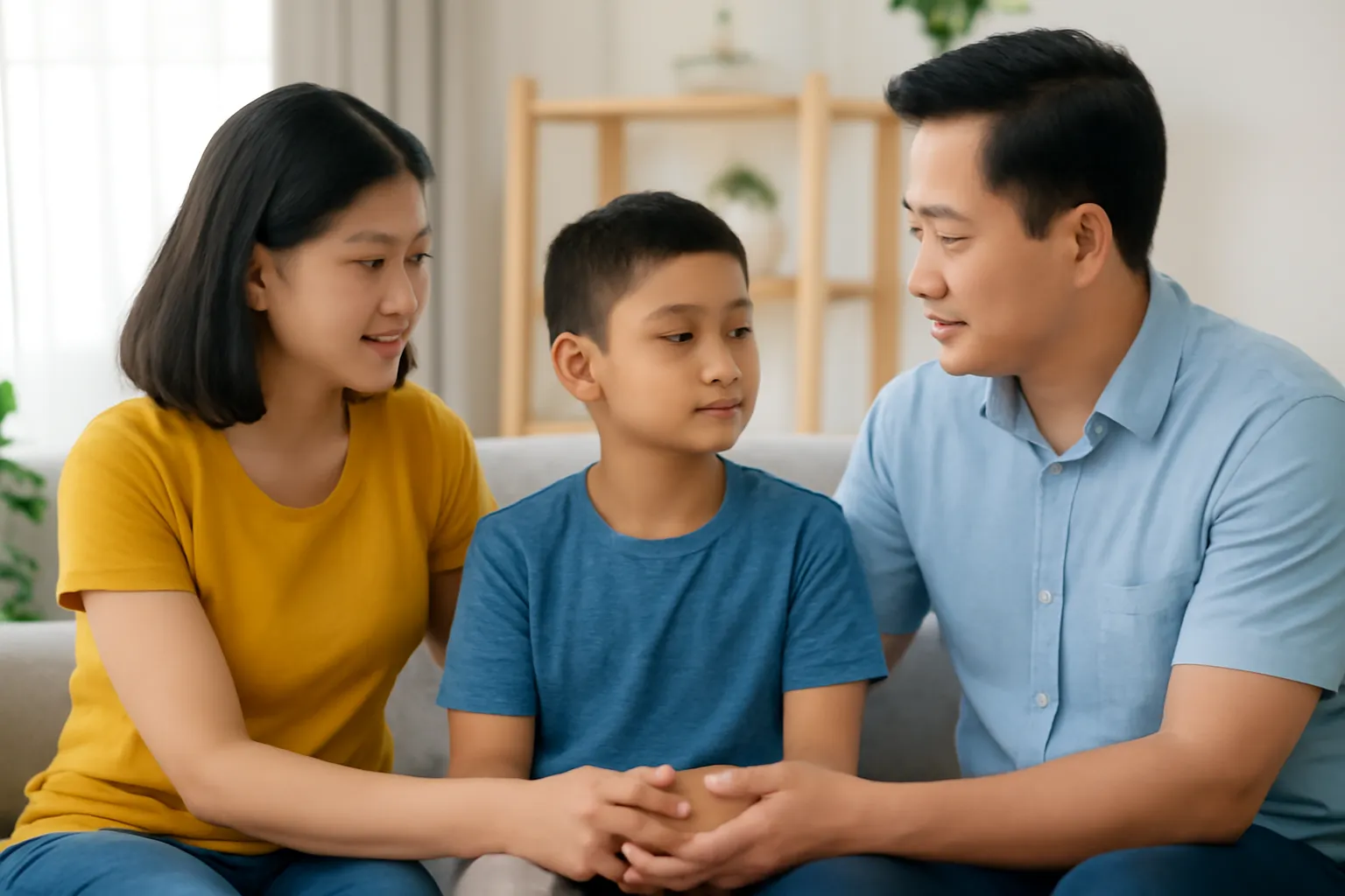 Bố mẹ ngồi hai bên con trai trên sofa, nắm tay con trò chuyện