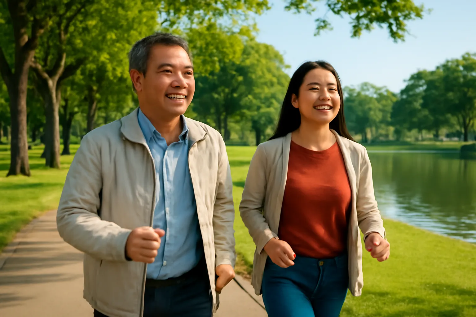 Người đàn ông trung niên đi bộ buổi sáng trong công viên cùng con gái