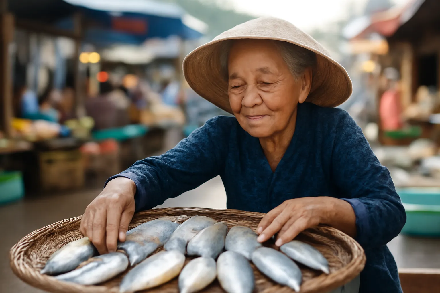 Bà cụ bán cá xếp cá lên mẹt ở sạp chợ lúc sáng sớm