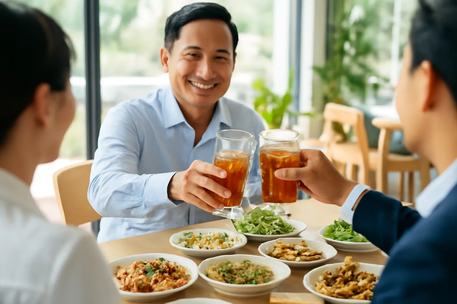 Người đàn ông trong bàn tiệc nâng ly trà đá cùng đối tác