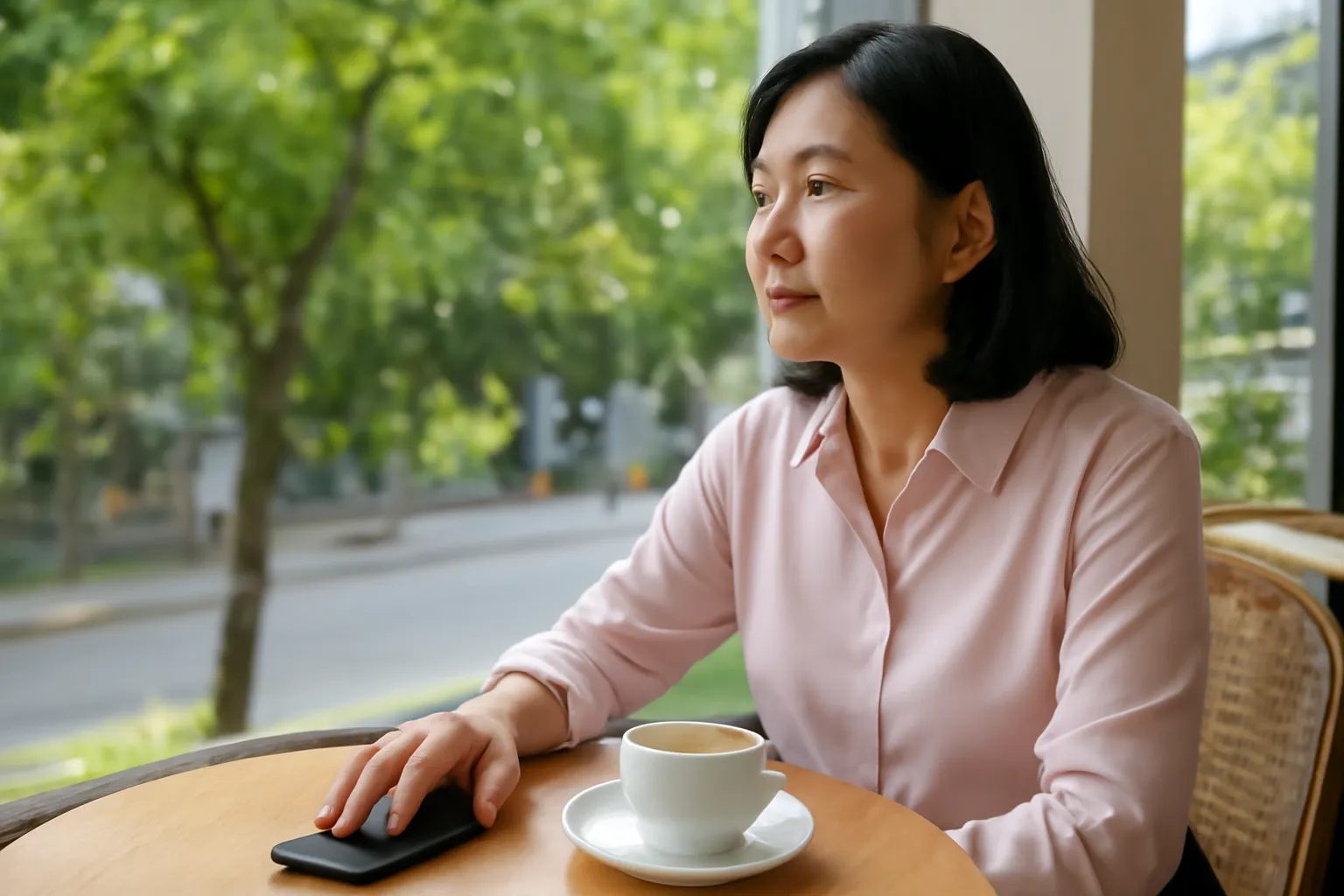 Người phụ nữ úp điện thoại xuống bàn quán cà phê, nhìn ra phố