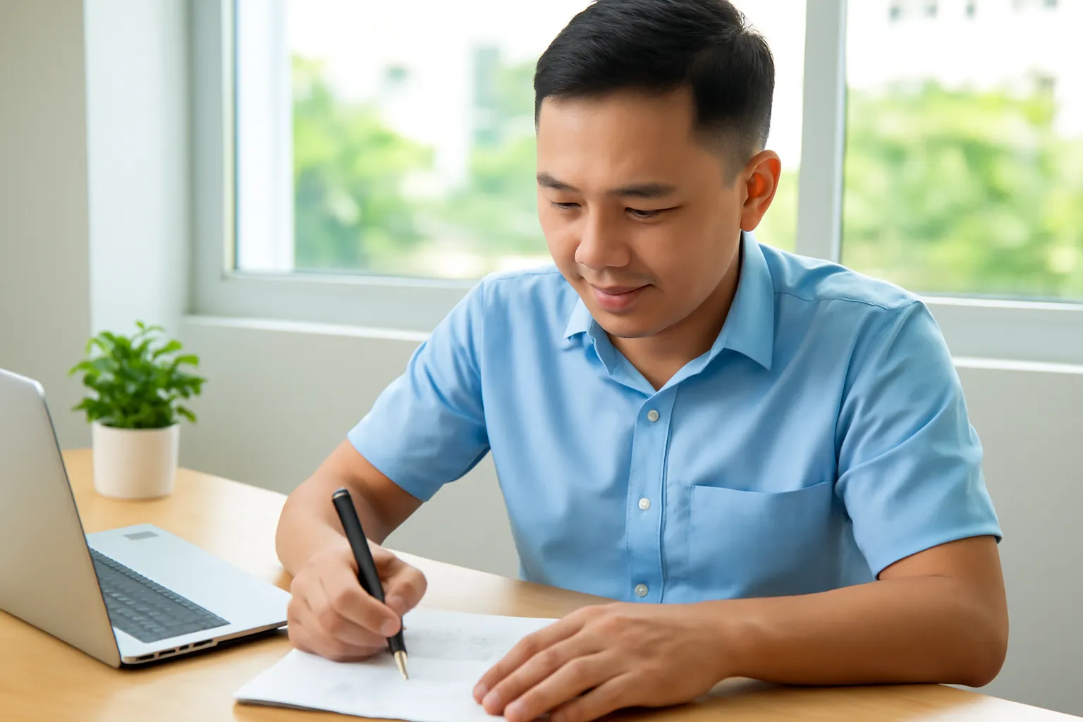 Người đàn ông gạch bớt các dòng trên tờ giấy ghi chú ở bàn làm việc