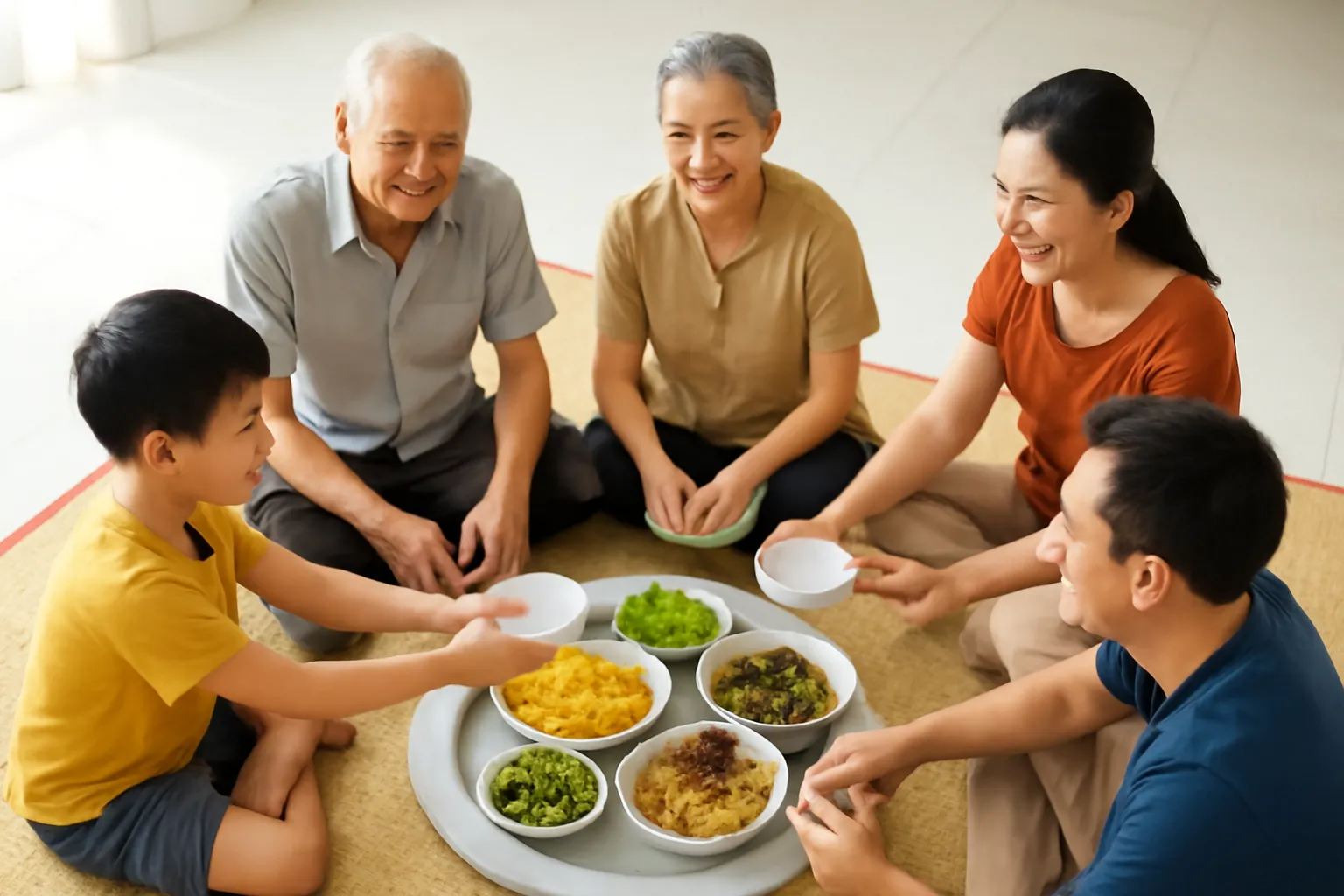 Gia đình ba thế hệ ngồi quây quần quanh mâm cơm trải chiếu dưới sàn nhà