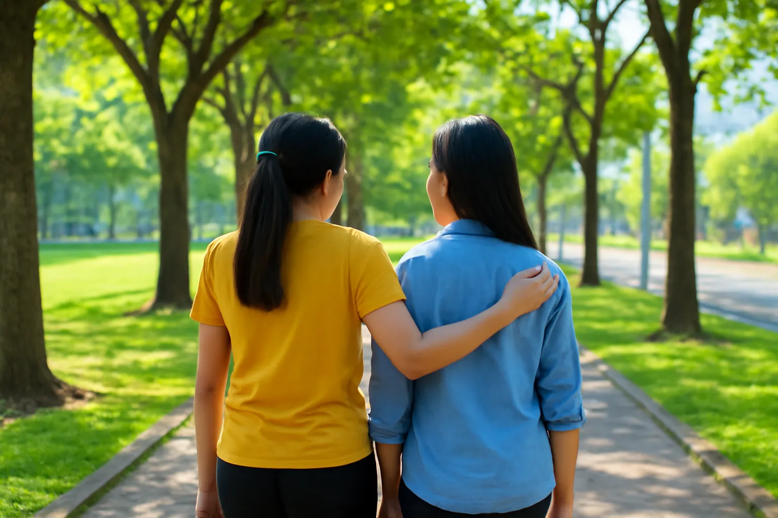 Hai người bạn đi dạo chậm rãi dưới hàng cây công viên buổi sáng, một người khoác vai người kia