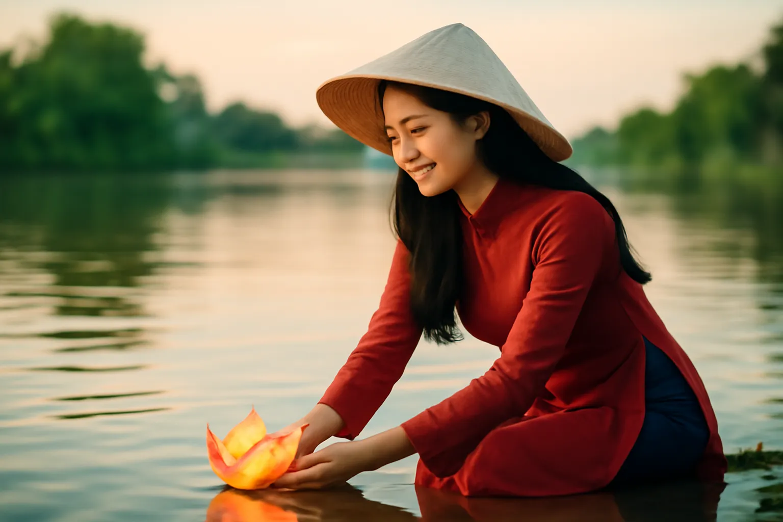 Người phụ nữ thả chiếc đèn hoa đăng xuống dòng sông lúc chiều tà, gương mặt thanh thản