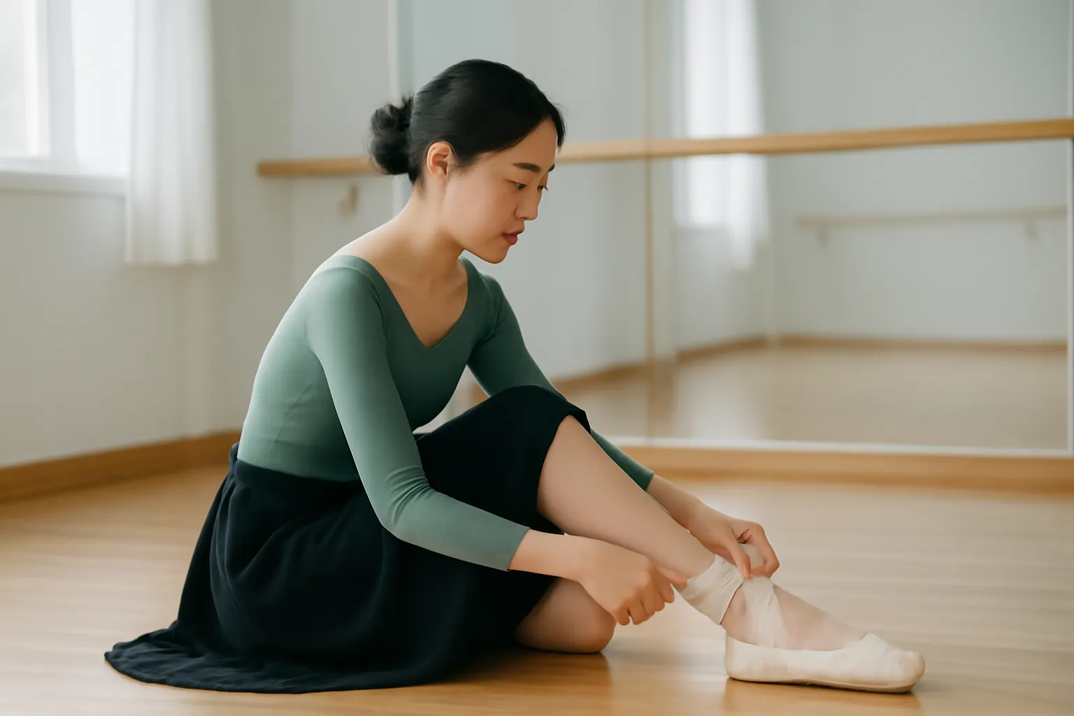 Cô gái trẻ ngồi buộc dây giày múa trong phòng tập yên tĩnh