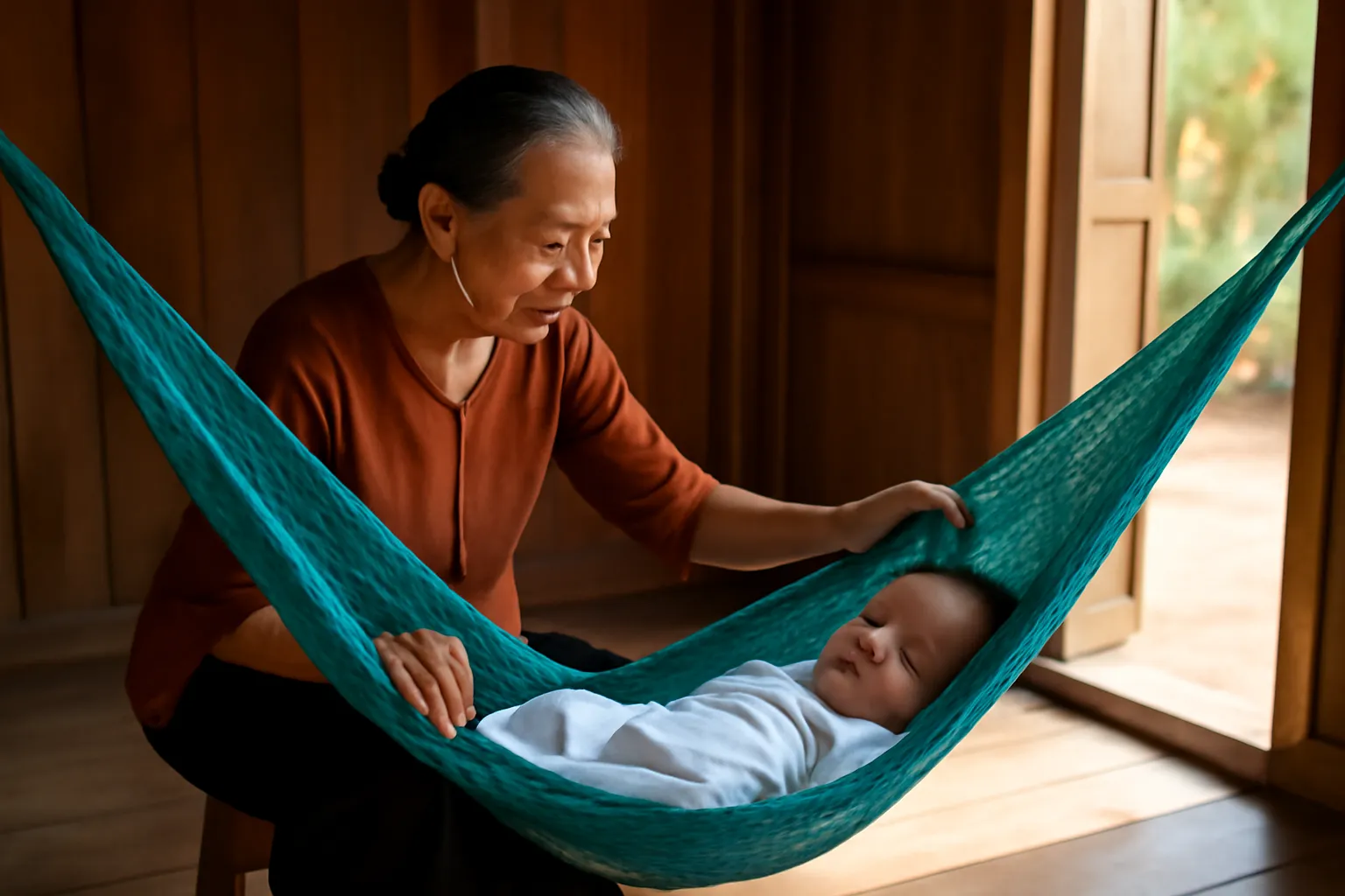 Bà ngồi võng ru cháu ngủ trong gian nhà gỗ, ánh nắng chiều qua khung cửa