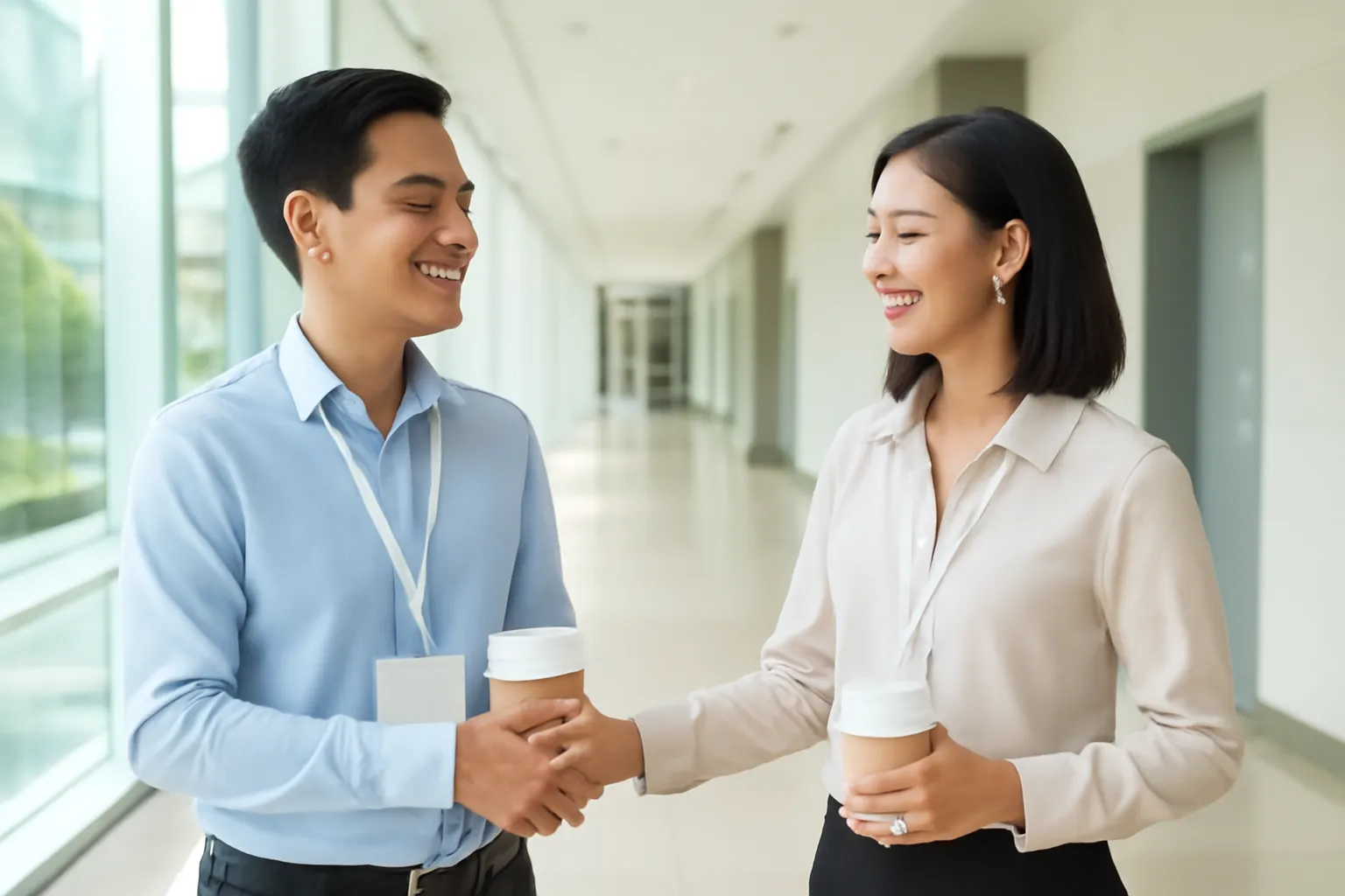 Hai người trẻ bắt tay chào nhau ở hành lang hội thảo