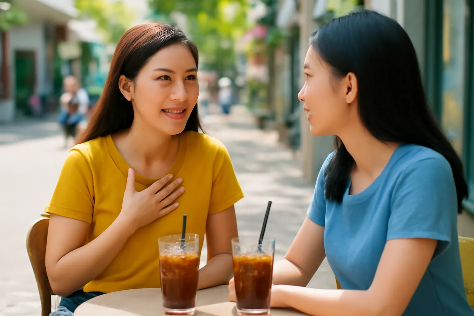 Hai người bạn trò chuyện bên bàn cà phê vỉa hè, một người đặt tay lên ngực