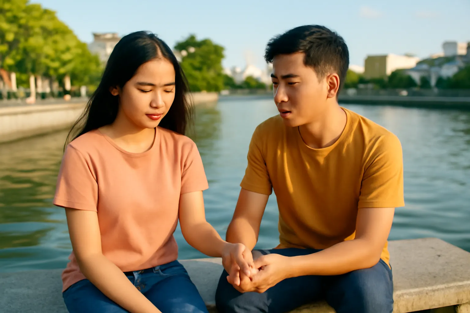 Đôi trẻ ngồi hai đầu ghế đá ven sông, một người quay sang nắm tay người kia làm lành