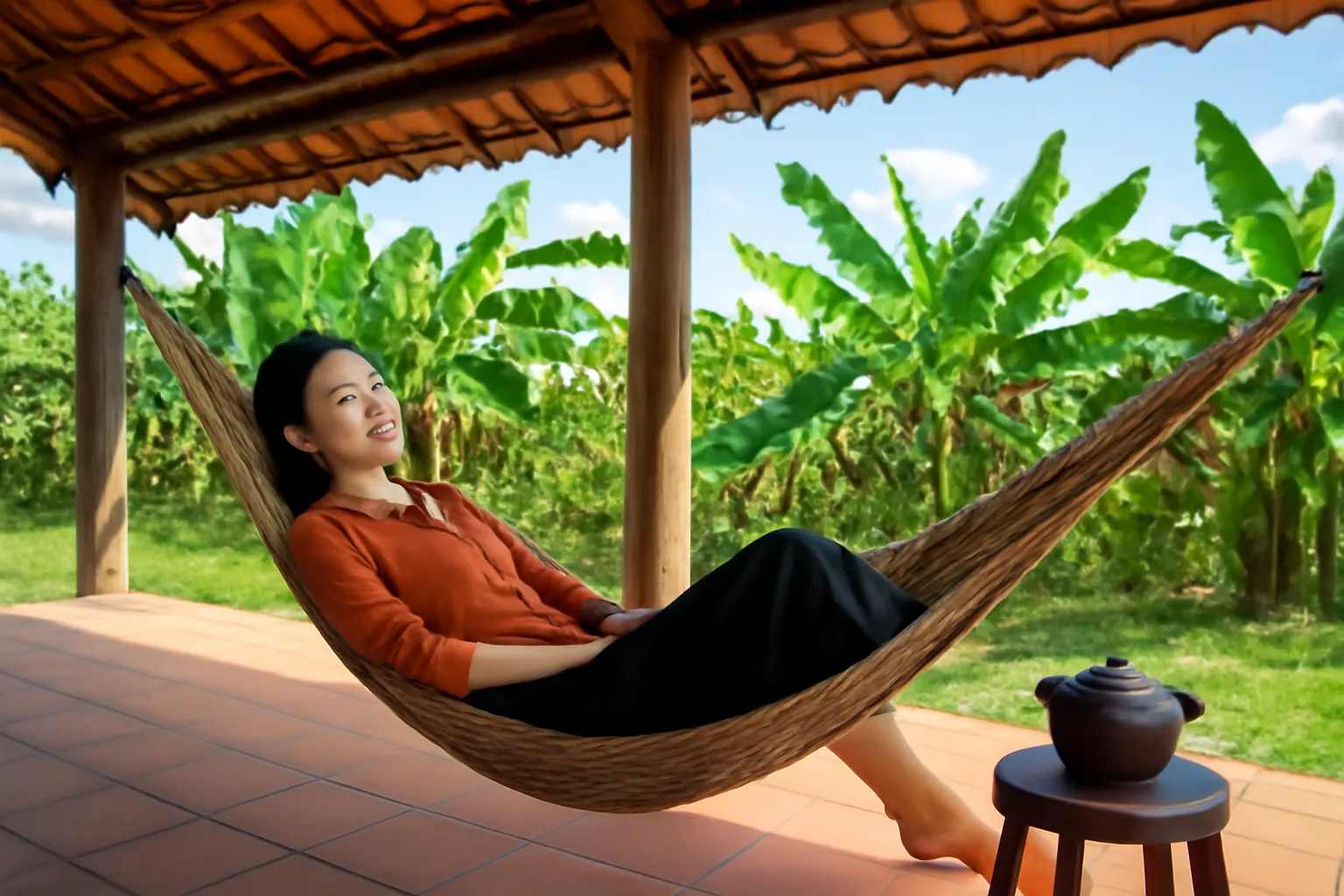 Người phụ nữ ngồi võng dưới hiên nhà, nhắm mắt nghe gió, bên cạnh ấm trà