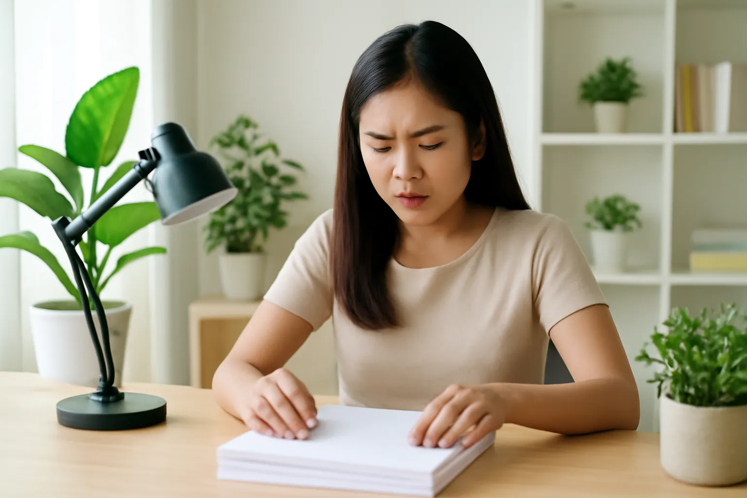 Người phụ nữ trẻ xếp lại chồng giấy trên bàn làm việc gọn gàng, ánh mắt căng thẳng