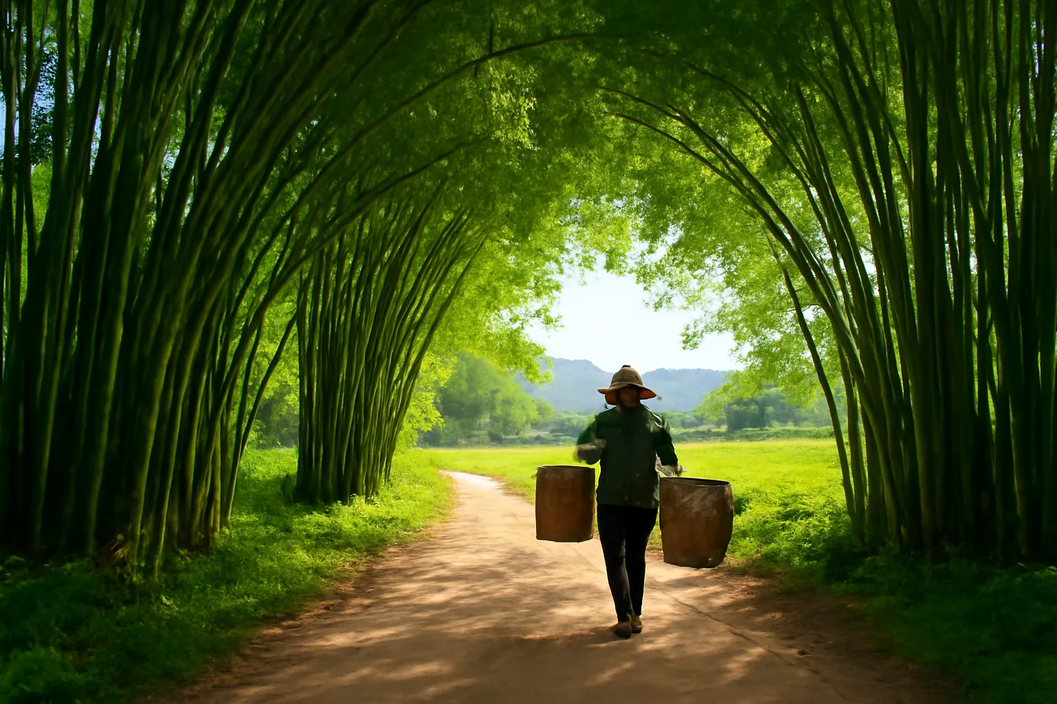 Rặng tre xanh uốn vòm trên con đường đất ven làng, người nông dân gánh rổ tre đi qua