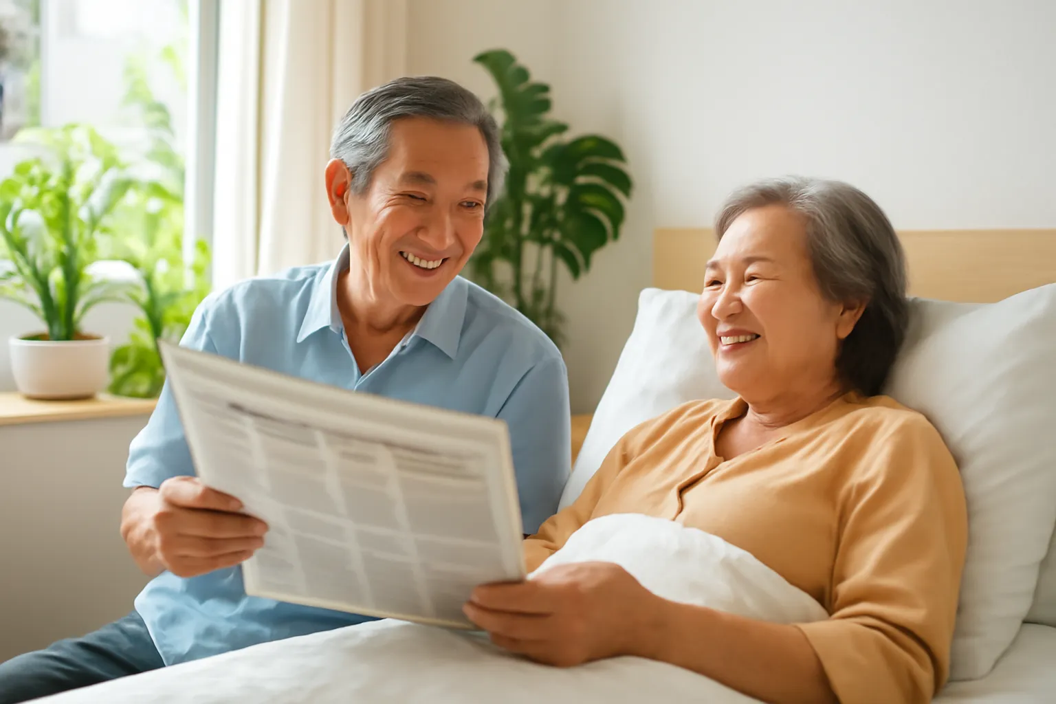 Ông cụ ngồi bên giường đọc báo cho vợ nghe trong căn phòng nhiều nắng