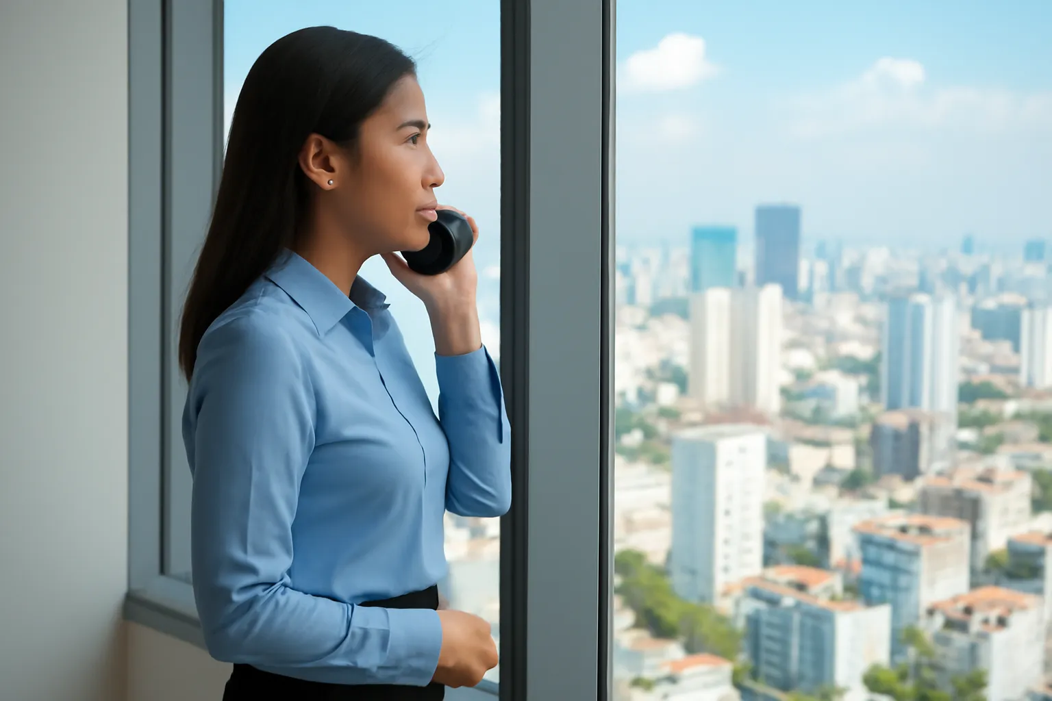 Người phụ nữ đứng bên cửa sổ văn phòng gọi điện thoại về cho mẹ ở quê