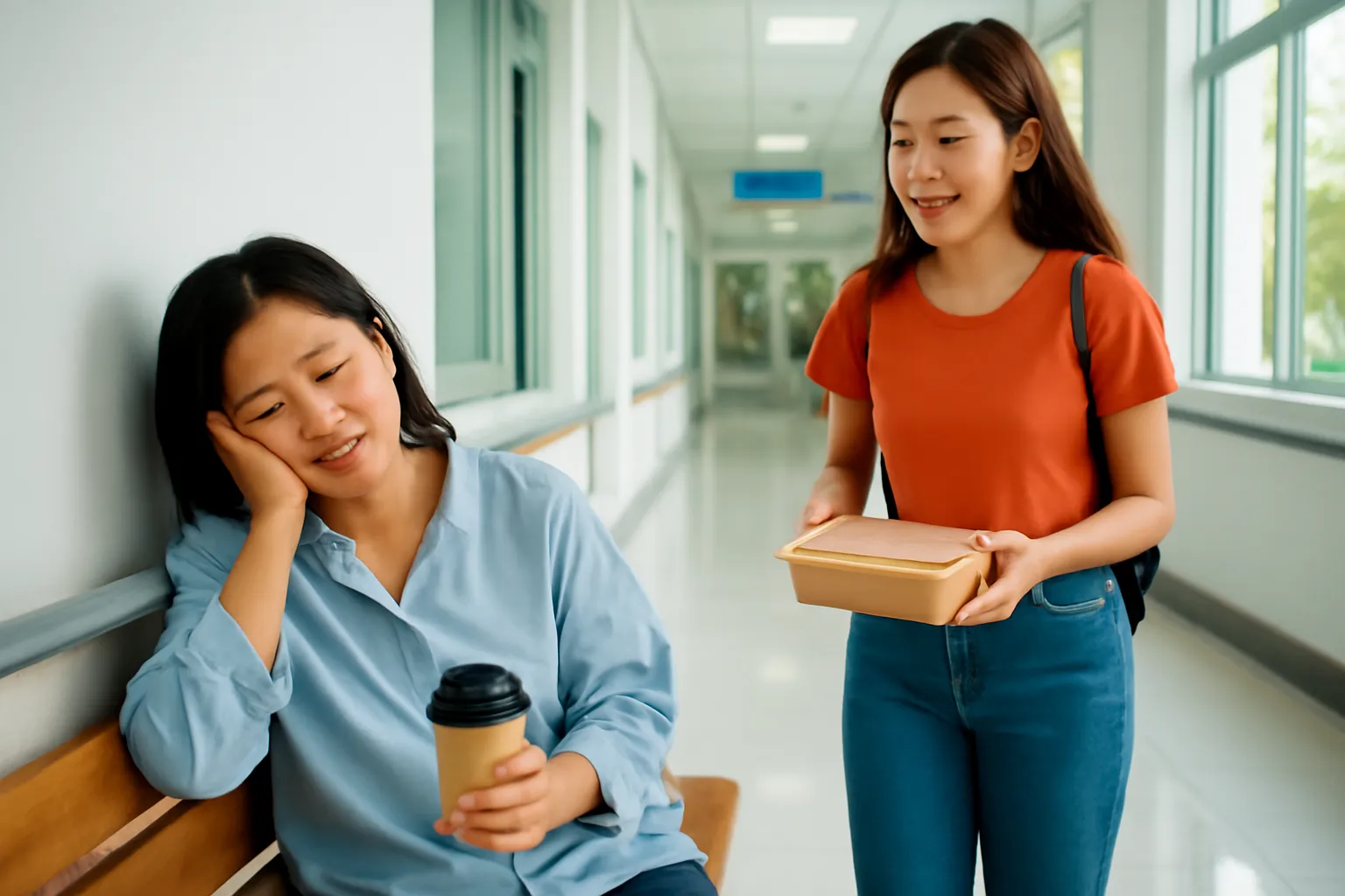 Người phụ nữ ngồi nghỉ ở hành lang bệnh viện, em gái mang hộp cơm tới