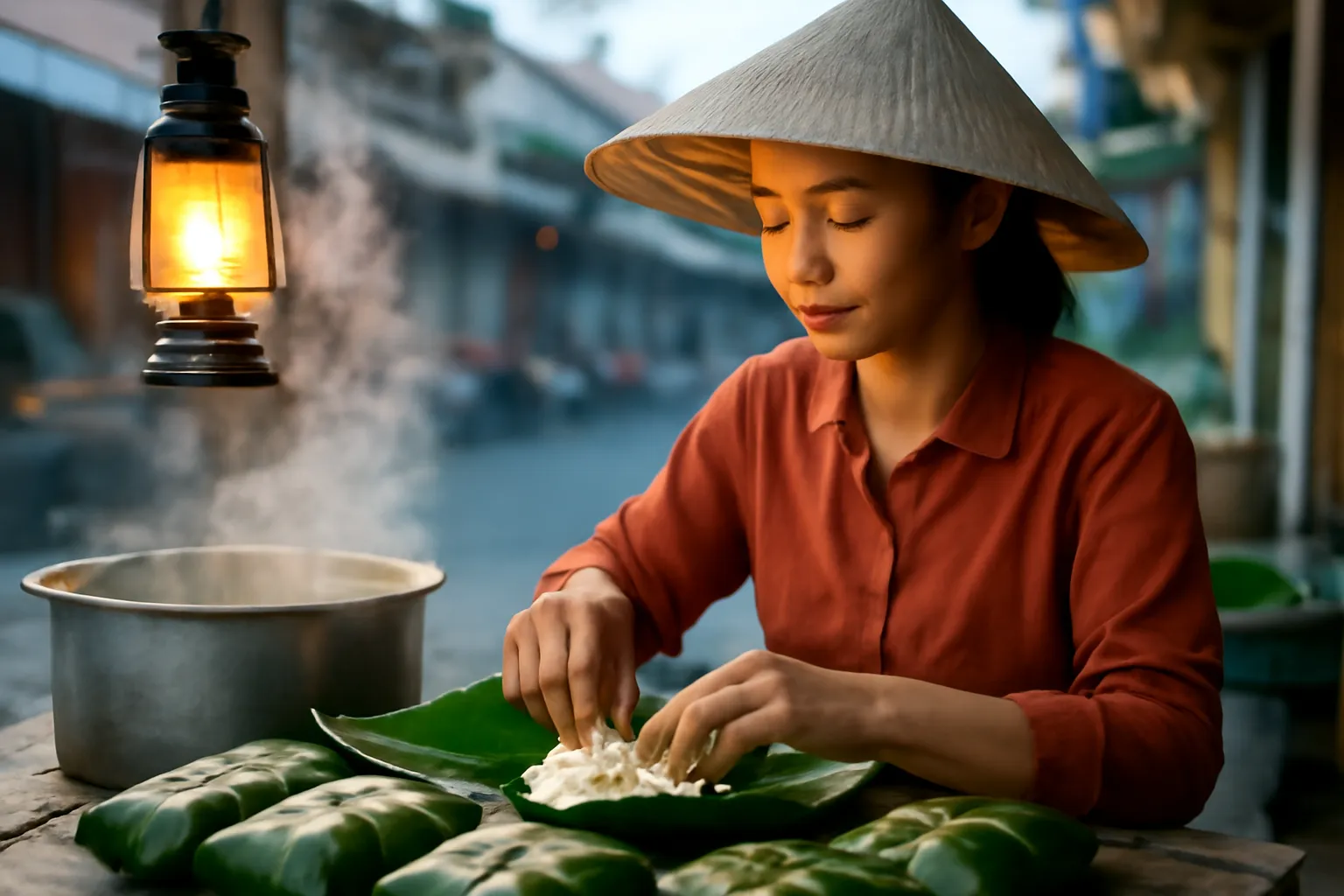 Người phụ nữ gói xôi trong lá chuối ở sạp chợ lúc tờ mờ sáng