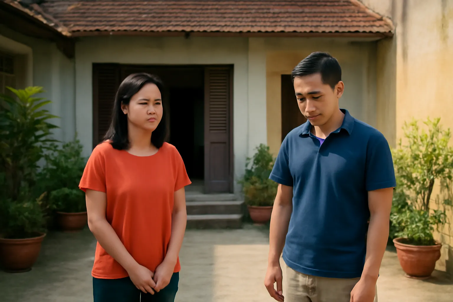 Hai anh em đứng cách nhau trong sân nhà, vẻ căng thẳng nhưng đã dịu lại