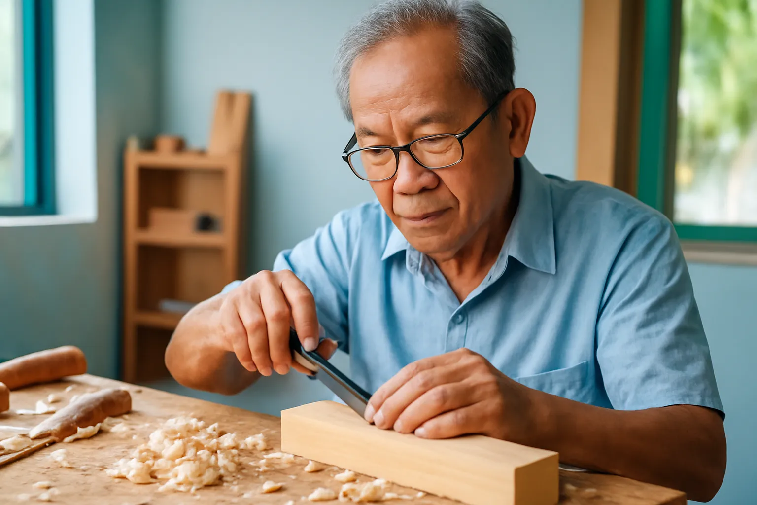 Ông thợ mộc già đeo kính lão cầm đục bên bàn gỗ trong xưởng nhỏ