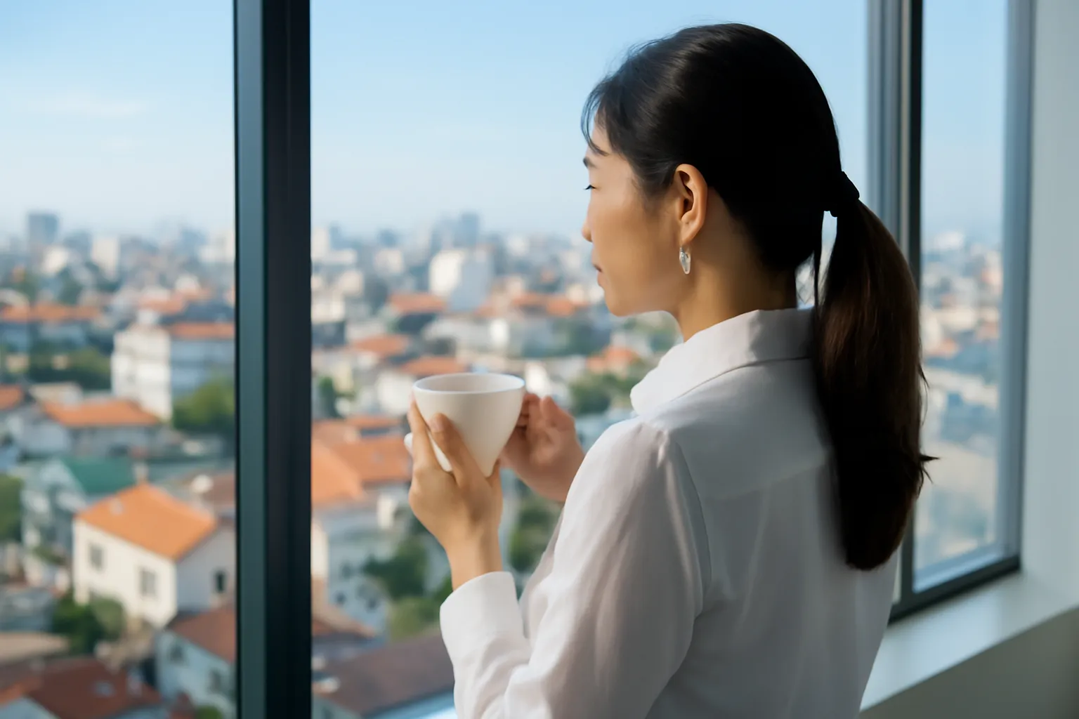 Người phụ nữ cầm chén trà nhỏ đứng bên cửa kính văn phòng buổi chiều