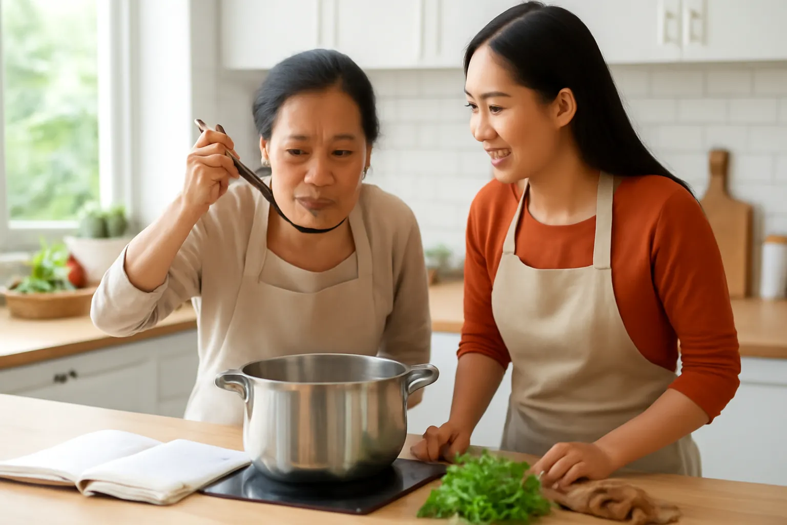 Hai mẹ con nấu ăn trong bếp, cuốn sổ đặt trên kệ